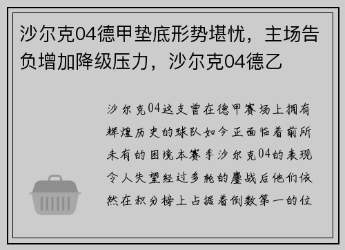 沙尔克04德甲垫底形势堪忧，主场告负增加降级压力，沙尔克04德乙