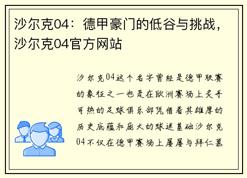 沙尔克04：德甲豪门的低谷与挑战，沙尔克04官方网站