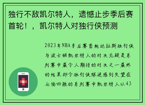 独行不敌凯尔特人，遗憾止步季后赛首轮！，凯尔特人对独行侠预测