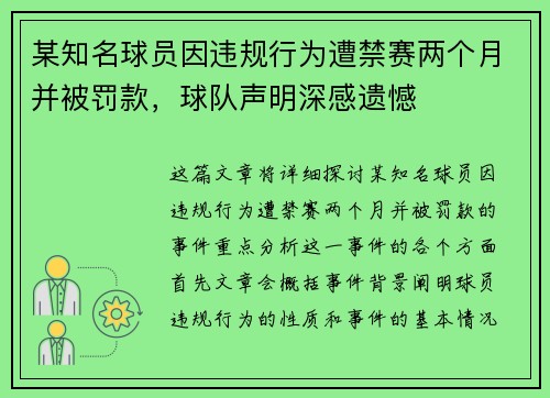 某知名球员因违规行为遭禁赛两个月并被罚款，球队声明深感遗憾
