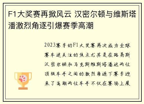 F1大奖赛再掀风云 汉密尔顿与维斯塔潘激烈角逐引爆赛季高潮